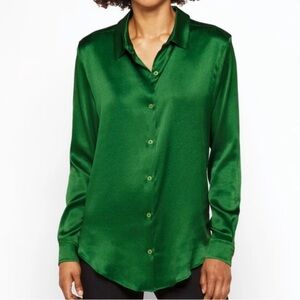 MEGAN RENEE ORGANIC SILK BUTTON UP LONG SLEEVE BLOUSE EMERALD GREEN - L